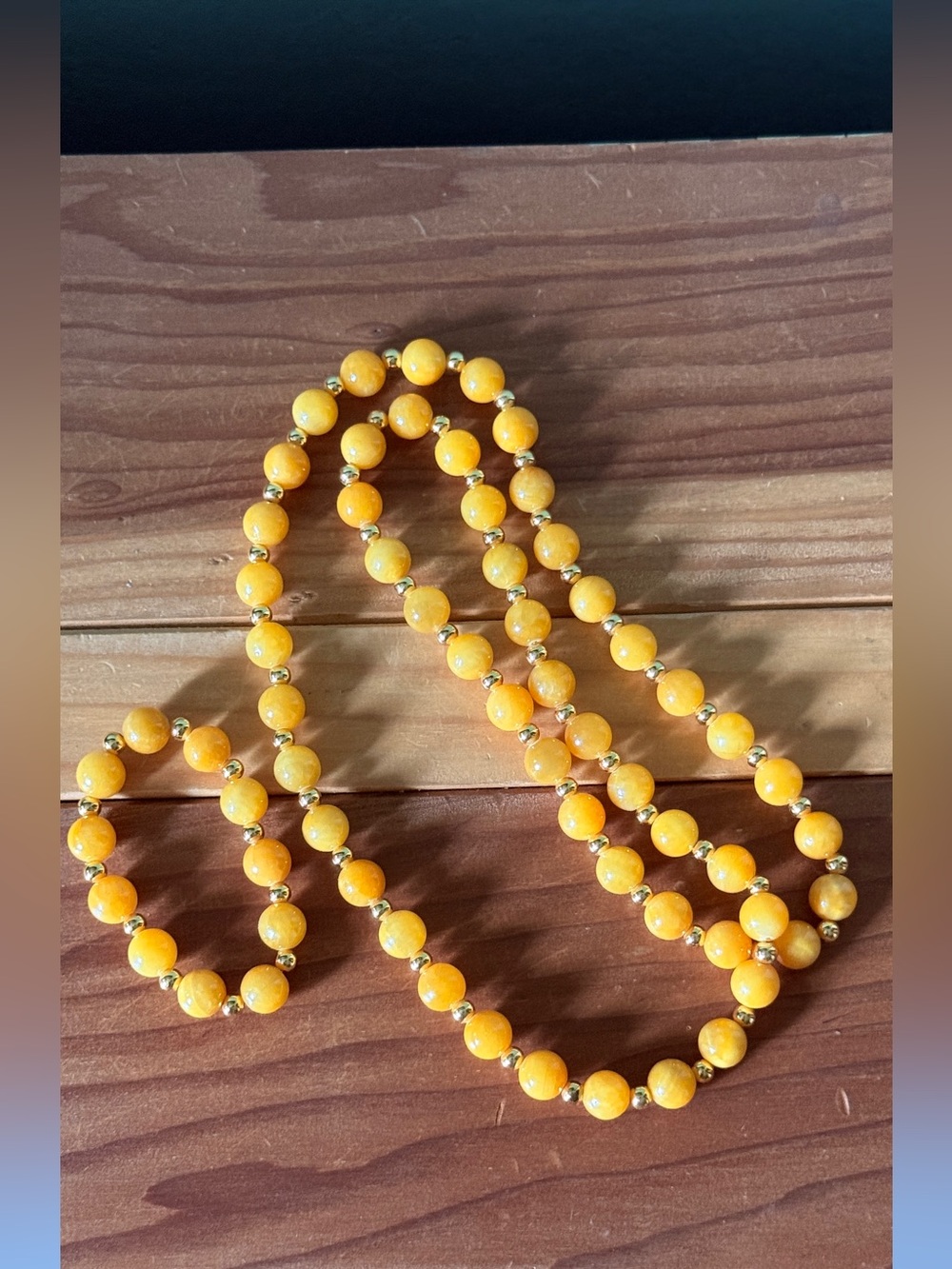 Yellow Faux Stone Beaded Necklace 35” Stretch Bracelet Gold Tone Set